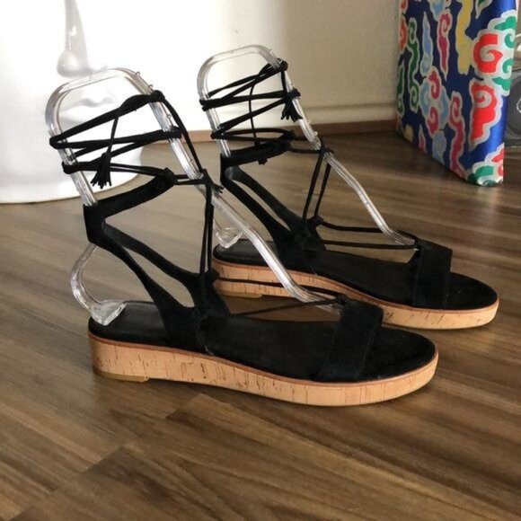 FRYE Miranda Gladiator Black Suede Cork Flat Sandals - Picture 2 of 11